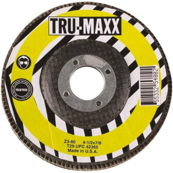 Tru-Maxx - 60 Grit, 4-1/2" Disc Diam, 7/8" Center Hole, Type 29 Flap Disc - 13,300 Max RPM, Arbor Attaching System, Coated - All Tool & Supply