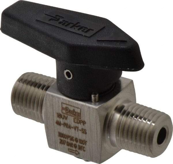 Parker - 1/4" Pipe, 3,000 psi WOG Rating, 316 Stainless Steel, Inline, One Way Instrumentation Plug Valve - Wedge Handle, MNPT x MNPT End Connections, Viton Seal - All Tool & Supply