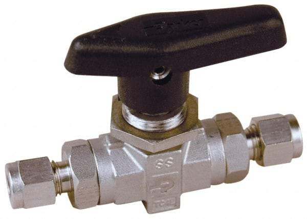 Parker - 1/2" Pipe, Stainless Steel, Inline, Two Way Flow, Instrumentation Ball Valve - 6,000 psi WOG Rating, Wedge Handle, PTFE Seal, PTFE Seat - All Tool & Supply