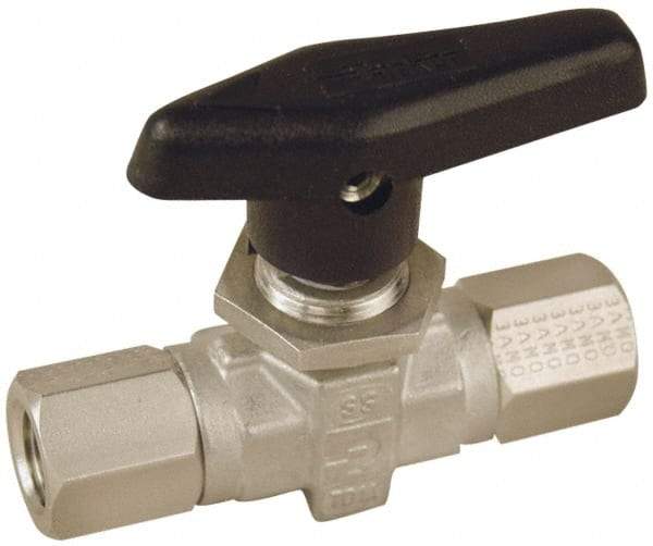 Parker - 1/8" Pipe, FNPT x FNPT End Connections, Stainless Steel, Inline, Two Way Flow, Instrumentation Ball Valve - 6,000 psi WOG Rating, Wedge Handle, PTFE Seal, PTFE Seat - All Tool & Supply