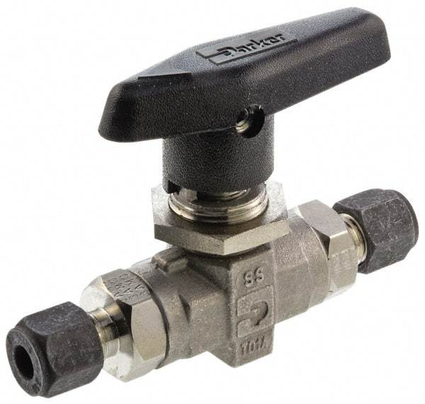 Parker - 1/4" Pipe, Compression x Compression CPI End Connections, Stainless Steel, Inline, Two Way Flow, Instrumentation Ball Valve - 6,000 psi WOG Rating, Wedge Handle, PTFE Seal, PTFE Seat - All Tool & Supply