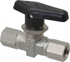 Parker - 1/4" Pipe, FNPT x FNPT End Connections, Stainless Steel, Inline, Two Way Flow, Instrumentation Ball Valve - 6,000 psi WOG Rating, Wedge Handle, PTFE Seal, PTFE Seat - All Tool & Supply