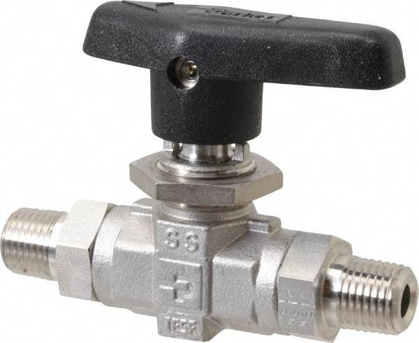 Parker - 1/4" Pipe, MNPT x MNPT End Connections, Stainless Steel, Inline, Two Way Flow, Instrumentation Ball Valve - 6,000 psi WOG Rating, Wedge Handle, PTFE Seal, PTFE Seat - All Tool & Supply