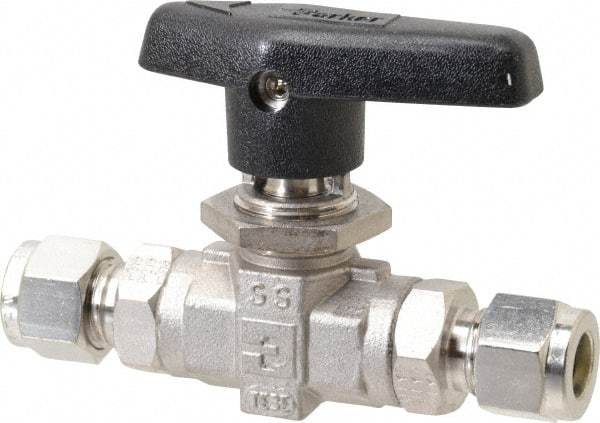 Parker - 3/8" Pipe, Stainless Steel, Inline, Two Way Flow, Instrumentation Ball Valve - 6,000 psi WOG Rating, Wedge Handle, PTFE Seal, PTFE Seat - All Tool & Supply