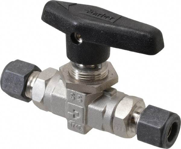 Parker - 3/8" Pipe, Compression x Compression CPI End Connections, Stainless Steel, Inline, Two Way Flow, Instrumentation Ball Valve - 6,000 psi WOG Rating, Wedge Handle, PTFE Seal, PTFE Seat - All Tool & Supply