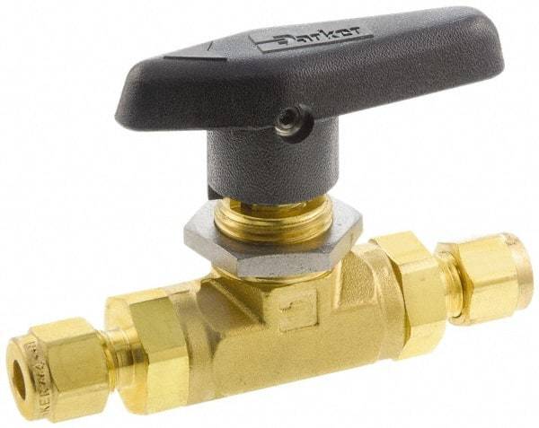 Parker - 1/8" Pipe, Compression x Compression CPI End Connections, Brass, Inline, Two Way Flow, Instrumentation Ball Valve - 3,000 psi WOG Rating, Wedge Handle, PTFE Seal, PTFE Seat - All Tool & Supply