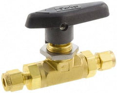 Parker - 1/2" Pipe, Brass, Inline, Two Way Flow, Instrumentation Ball Valve - 3,000 psi WOG Rating, Wedge Handle, PTFE Seal, PTFE Seat - All Tool & Supply