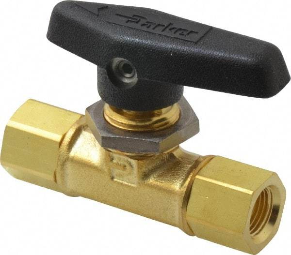 Parker - 1/8" Pipe, FNPT x FNPT End Connections, Brass, Inline, Two Way Flow, Instrumentation Ball Valve - 3,000 psi WOG Rating, Wedge Handle, PTFE Seal, PTFE Seat - All Tool & Supply