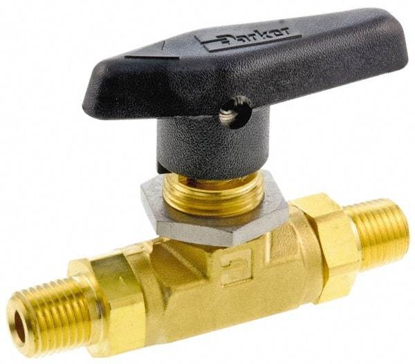 Parker - 3/8" Pipe, MNPT x MNPT End Connections, Brass, Inline, Two Way Flow, Instrumentation Ball Valve - 3,000 psi WOG Rating, Wedge Handle, PTFE Seal, PTFE Seat - All Tool & Supply