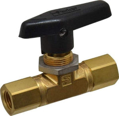 Parker - 1/4" Pipe, FNPT x FNPT End Connections, Brass, Inline, Two Way Flow, Instrumentation Ball Valve - 3,000 psi WOG Rating, Wedge Handle, PTFE Seal, PTFE Seat - All Tool & Supply