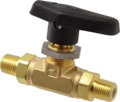 Parker - 1/4" Pipe, MNPT x MNPT End Connections, Brass, Inline, Two Way Flow, Instrumentation Ball Valve - 3,000 psi WOG Rating, Wedge Handle, PTFE Seal, PTFE Seat - All Tool & Supply