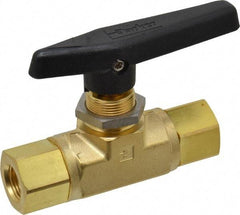 Parker - 3/8" Pipe, FNPT x FNPT End Connections, Brass, Inline, Two Way Flow, Instrumentation Ball Valve - 3,000 psi WOG Rating, Wedge Handle, PTFE Seal, PTFE Seat - All Tool & Supply