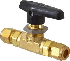 Parker - 3/8" Pipe, Compression x Compression CPI End Connections, Brass, Inline, Two Way Flow, Instrumentation Ball Valve - 3,000 psi WOG Rating, Wedge Handle, PTFE Seal, PTFE Seat - All Tool & Supply