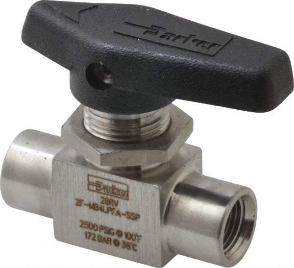 Parker - 1/8" Pipe, FNPT x FNPT End Connections, Stainless Steel, Inline, Two Way Flow, Instrumentation Ball Valve - 2,500 psi WOG Rating, Wedge Handle, PFA Seat - All Tool & Supply