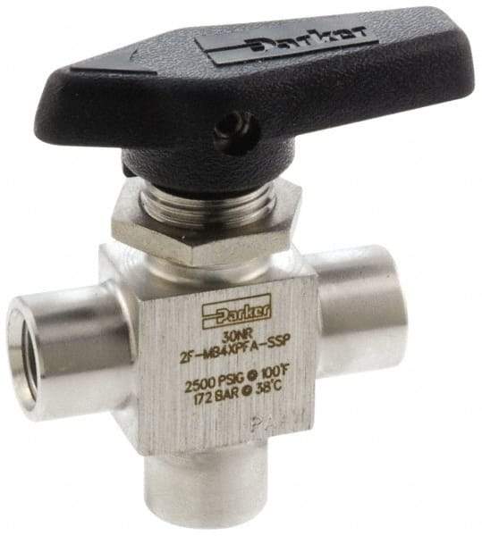 Parker - 1/8" Pipe, FNPT x FNPT x FNPT End Connections, Stainless Steel, Three Way, Instrumentation Ball Valve - 2,500 psi WOG Rating, Wedge Handle, PFA Seat - All Tool & Supply