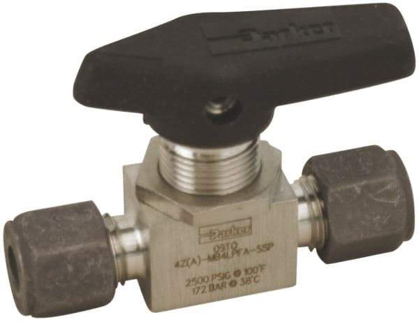 Parker - 1/4" Pipe, Compression x Compression CPI End Connections, Stainless Steel, Inline, Two Way Flow, Instrumentation Ball Valve - 2,500 psi WOG Rating, Wedge Handle, PFA Seat - All Tool & Supply