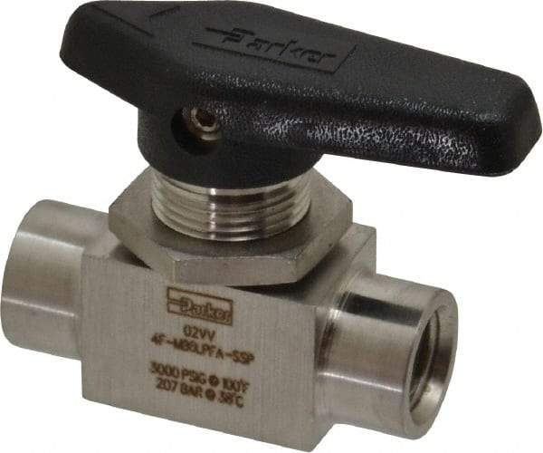 Parker - 1/4" Pipe, FNPT x FNPT End Connections, Stainless Steel, Inline, Two Way Flow, Instrumentation Ball Valve - 3,000 psi WOG Rating, Wedge Handle, PFA Seat - All Tool & Supply