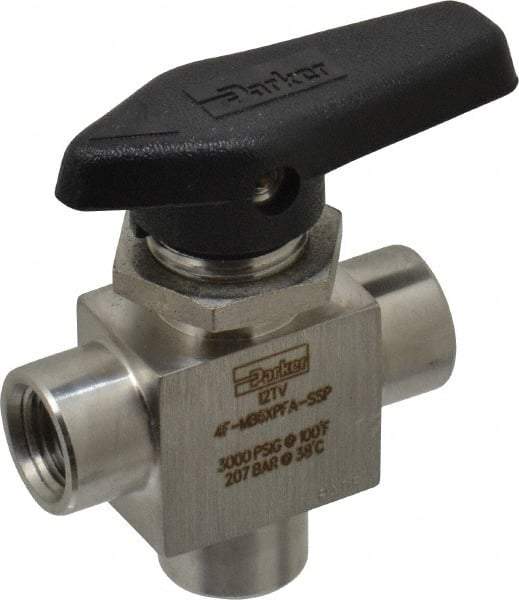 Parker - 1/4" Pipe, FNPT x FNPT x FNPT End Connections, Stainless Steel, Three Way, Instrumentation Ball Valve - 3,000 psi WOG Rating, Wedge Handle, PFA Seat - All Tool & Supply