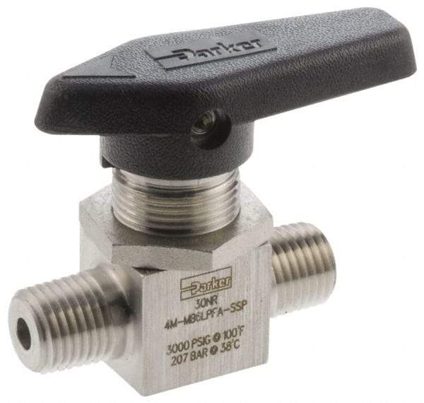 Parker - 1/4" Pipe, MNPT x MNPT End Connections, Stainless Steel, Inline, Two Way Flow, Instrumentation Ball Valve - 3,000 psi WOG Rating, Wedge Handle, PFA Seat - All Tool & Supply