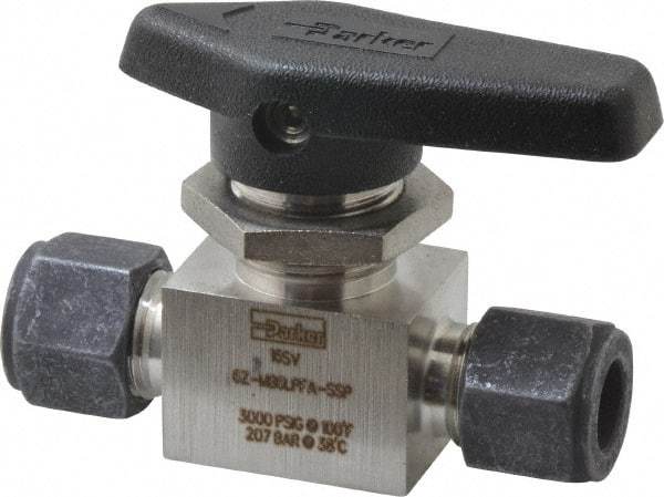 Parker - 3/8" Pipe, Compression x Compression CPI End Connections, Stainless Steel, Inline, Two Way Flow, Instrumentation Ball Valve - 3,000 psi WOG Rating, Wedge Handle, PFA Seat - All Tool & Supply