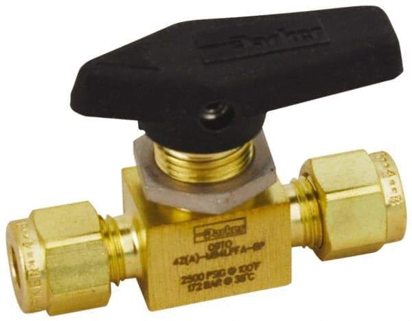 Parker - 1/8" Pipe, Brass, Inline, Two Way Flow, Instrumentation Ball Valve - 2,500 psi WOG Rating, Wedge Handle, PFA Seat - All Tool & Supply