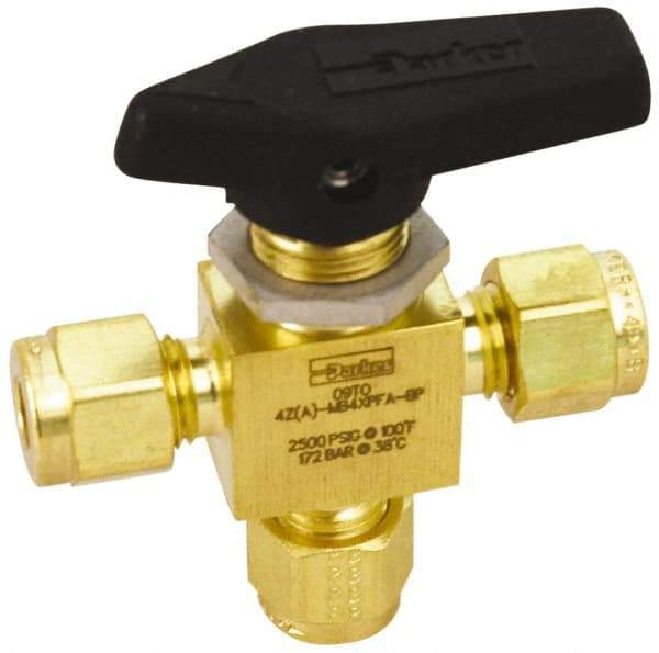 Parker - 3/8" Pipe, Brass, Three Way, Instrumentation Ball Valve - 3,000 psi WOG Rating, Wedge Handle, PFA Seat - All Tool & Supply