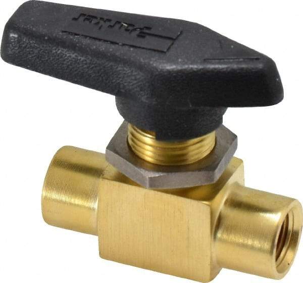 Parker - 1/8" Pipe, FNPT x FNPT End Connections, Brass, Inline, Two Way Flow, Instrumentation Ball Valve - 2,500 psi WOG Rating, Wedge Handle, PFA Seat - All Tool & Supply