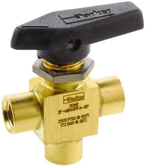 Parker - 1/8" Pipe, FNPT x FNPT x FNPT End Connections, Brass, Three Way, Instrumentation Ball Valve - 2,500 psi WOG Rating, Wedge Handle, PFA Seat - All Tool & Supply