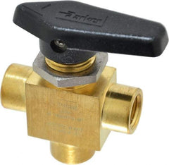 Parker - 1/4" Pipe, FNPT x FNPT x FNPT End Connections, Brass, Three Way, Instrumentation Ball Valve - 3,000 psi WOG Rating, Wedge Handle, PFA Seat - All Tool & Supply