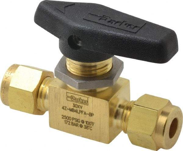 Parker - 1/4" Pipe, Compression x Compression CPI End Connections, Brass, Inline, Two Way Flow, Instrumentation Ball Valve - 2,500 psi WOG Rating, Wedge Handle, PFA Seat - All Tool & Supply