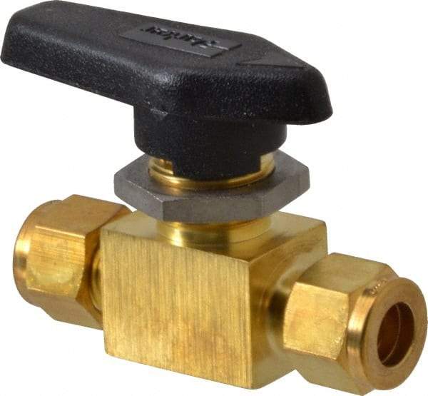 Parker - 3/8" Pipe, Brass, Inline, Two Way Flow, Instrumentation Ball Valve - 3,000 psi WOG Rating, Wedge Handle, PFA Seat - All Tool & Supply