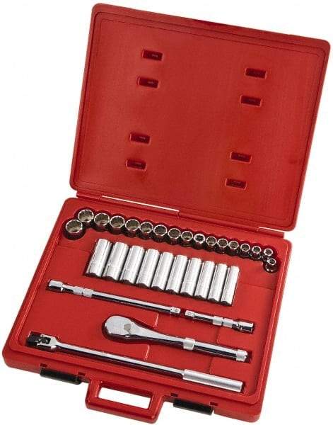 Proto - 31 Piece 1/2" Drive Full Polish Finish Deep Well Socket Set - 12 Points, 10mm to 26mm Range, Metric Measurement Standard - All Tool & Supply