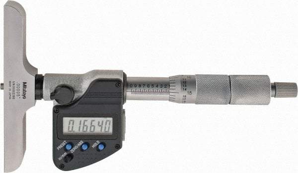 Mitutoyo - 0 to 152.4mm Range, 4" Base Length, 6 Rods, Ratchet Stop Thimble, Electronic Depth Micrometer - No Water Resistance Rating, 0.00005" Resolution, Accurate to 0.00012", 0.157" Rod Diam, SR44 Battery, Data Output - All Tool & Supply