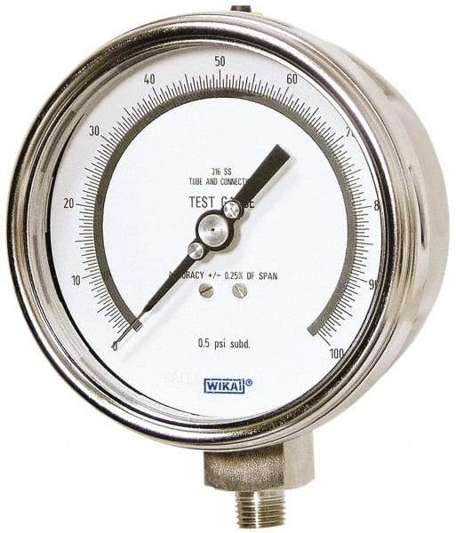 Wika - 4" Dial, 1/4 Thread, 0-100 Scale Range, Pressure Gauge - Lower Connection Mount, Accurate to 0.25% of Scale - All Tool & Supply