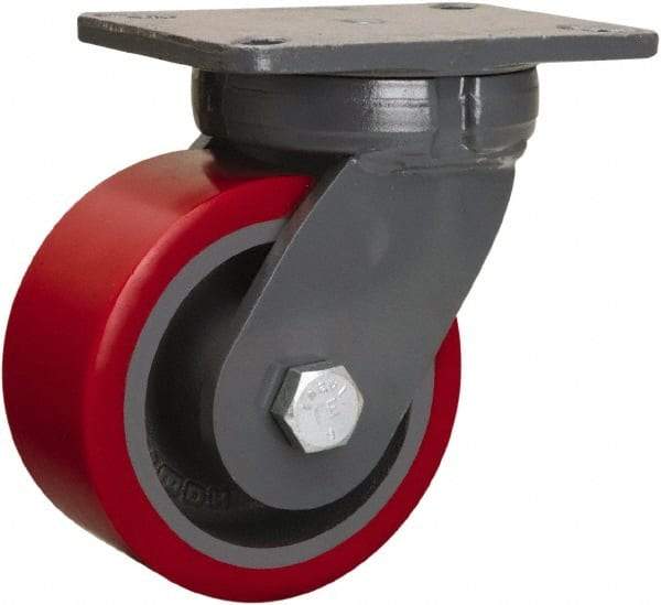 Hamilton - 6" Diam x 3" Wide x 8" OAH Top Plate Mount Swivel Caster - Polyurethane Mold onto Cast Iron Center, 2,600 Lb Capacity, Sealed Precision Ball Bearing, 5-1/4 x 7-1/4" Plate - All Tool & Supply