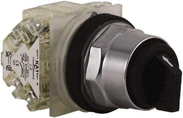 Schneider Electric - 30mm Mount Hole, 3 Position, Knob and Pushbutton Operated, Selector Switch - Black, Maintained (MA), 2NO/2NC, Weatherproof and Dust and Oil Resistant - All Tool & Supply