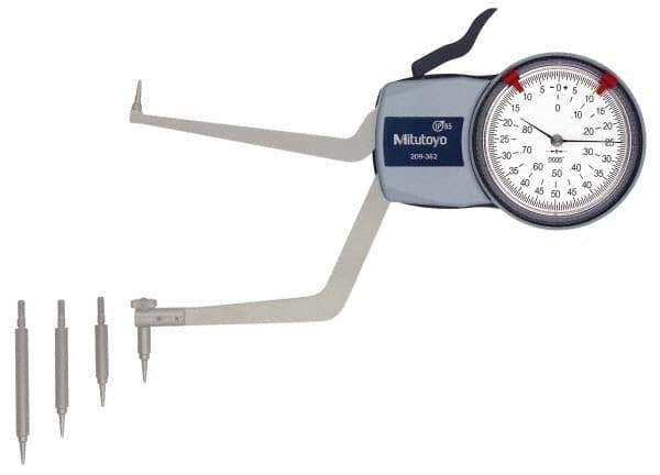 Mitutoyo - 3.6 to 5.6" Inside Dial Caliper Gage - 0.0005" Graduation, 0.0015" Accuracy, 3.3" Leg Length, 0.31" Deep x 0.06" Wide Groove, Ball Contact Points - All Tool & Supply