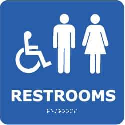 NMC - Restrooms, 8" Wide x 8" High, Plastic Sign - English, Braille, White on Blue, Wall Mount - All Tool & Supply