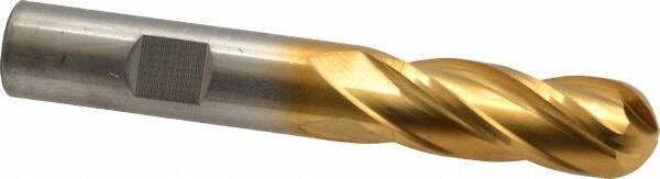 Cleveland - 1/2" Diam, 1-1/4" LOC, 4 Flute Cobalt Ball End Mill - TiN Finish, Single End, 3-1/4" OAL, 1/2" Shank Diam, Spiral Flute - All Tool & Supply