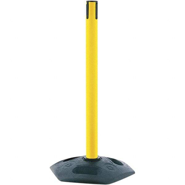 Tensator - 38" High, 2-1/2" Pole Diam, Tensabarrier Post - 19" Base Diam, Octagon Rubber Base, Yellow Plastic Post, Tape, Single Line Tape, For Outdoor Use - All Tool & Supply