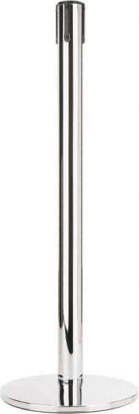 Tensator - 38" High, 2-1/2" Pole Diam, Tensabarrier Post - 14" Base Diam, Round Heavy Gauge Steel Base, Polished Chrome (Color) Steel Post, Tape, Single Line Tape - All Tool & Supply