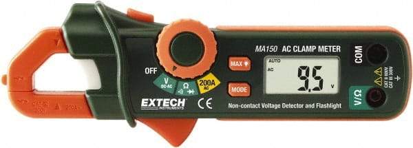 Extech - MA150, CAT II, Digital Average Responding Auto Ranging Clamp Meter with 0.7" Clamp On Jaws - 600 VAC/VDC, 200 AC Amps, Measures Voltage, Continuity, Current, Resistance - All Tool & Supply