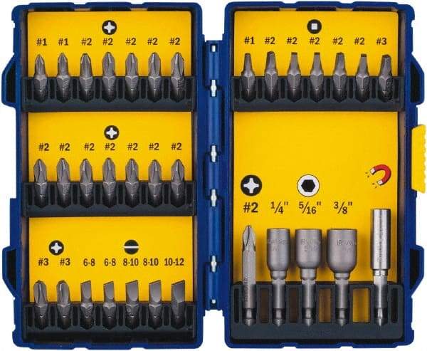 Irwin - 33 Piece, 1/4" Drive Screwdriver Bit Set - #1 to #3 Phillips, 0.05 to 1/4" Hex, 1.27 to 10mm Hex, #1 to #3 Square Recess - All Tool & Supply