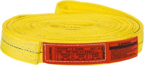 Lift-All - 16' Long x 2" Wide, 12,200 Lb Vertical Capacity, 2 Ply, Polyester Web Sling - 9,800 Lb Choker Capacity, Yellow - All Tool & Supply