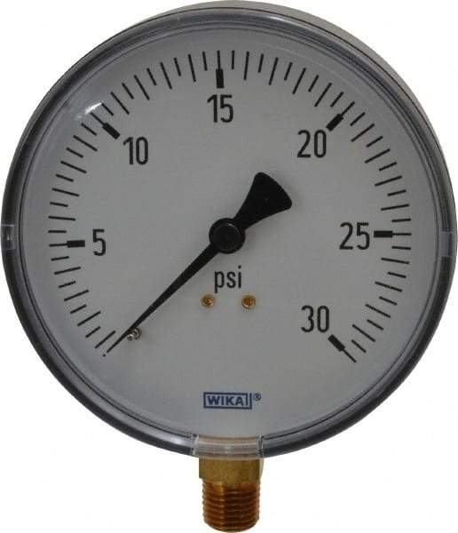 Wika - 4" Dial, 1/4 Thread, 0-30 Scale Range, Pressure Gauge - Lower Connection Mount, Accurate to 3-2-3% of Scale - All Tool & Supply