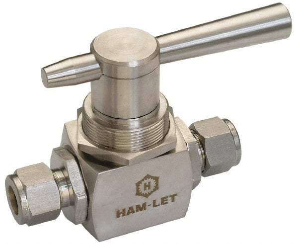 Ham-Let - 3/8" Pipe, Stainless Steel, Three Way, Instrumentation Ball Valve - 6,000 psi WOG Rating, Tee Handle, PTFE Seal, KEL-F Seat - All Tool & Supply