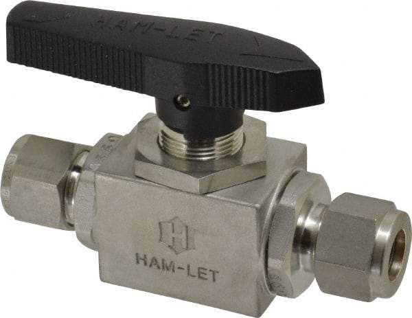 Ham-Let - 1/2" Pipe, Stainless Steel, Inline, Two Way Flow, Instrumentation Ball Valve - 3,000 psi WOG Rating, Tee Handle, PTFE Seal, PTFE Seat, Swaglok SS-45S8 - All Tool & Supply