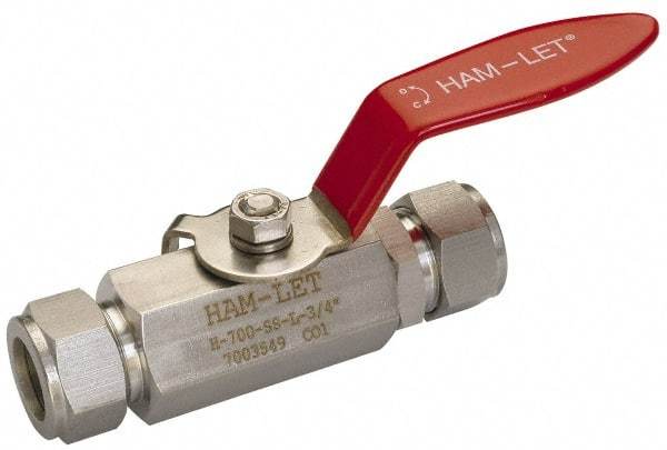 Ham-Let - 1" Pipe, Compression x Compression End Connections, Stainless Steel, Inline, Two Way Flow, Instrumentation Ball Valve - 2,000 psi WOG Rating, Locking Lever Handle, Reinforced PTFE Seal, Reinforced PTFE Seat - All Tool & Supply