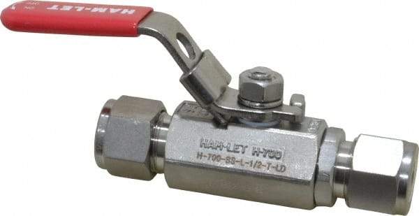 Ham-Let - 1/2" Pipe, Compression x Compression End Connections, Stainless Steel, Inline, Two Way Flow, Instrumentation Ball Valve - 2,000 psi WOG Rating, Locking Lever Handle, Reinforced PTFE Seal, Reinforced PTFE Seat - All Tool & Supply