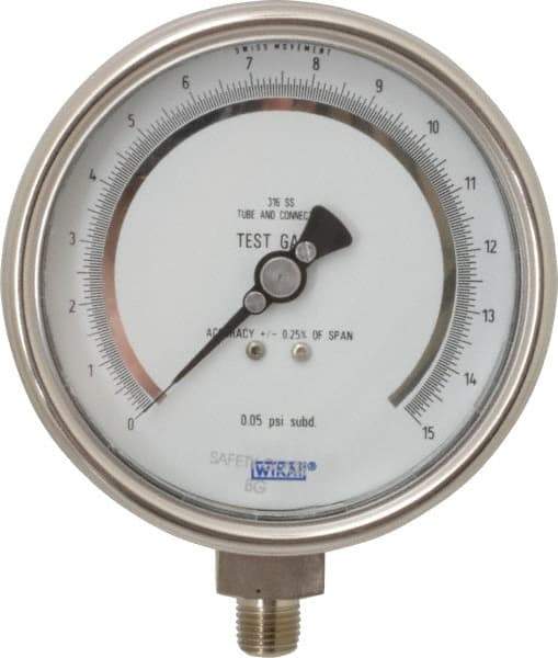 Wika - 4" Dial, 1/4 Thread, 0-15 Scale Range, Pressure Gauge - Lower Connection Mount, Accurate to 0.25% of Scale - All Tool & Supply